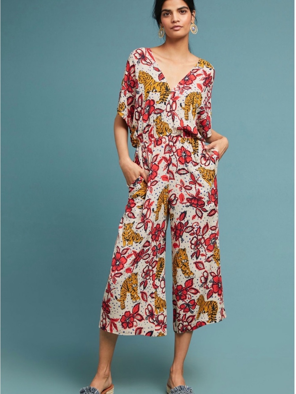 Corey Lynn Calter Cream Jumpsuit with Coral Floral & Mustard Tiger Print